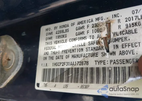 2010 Honda Accord 2.4 Lx z USA, uszkodzony, nr VIN 1HGCP2F31AA172878